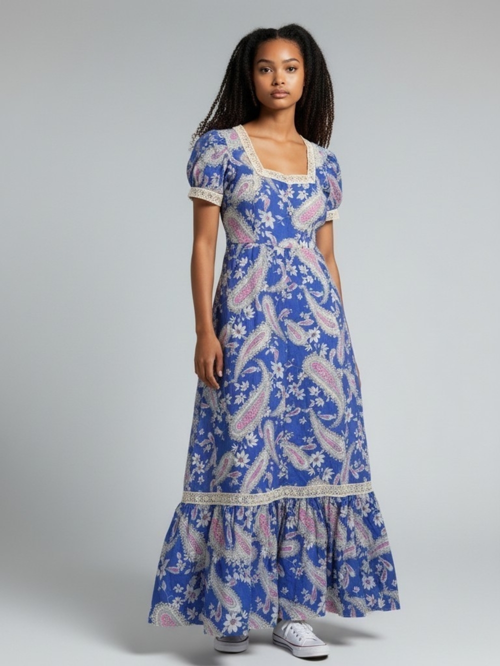 Square-Neck Blue Paisley Maxi Dress with Lace Trim